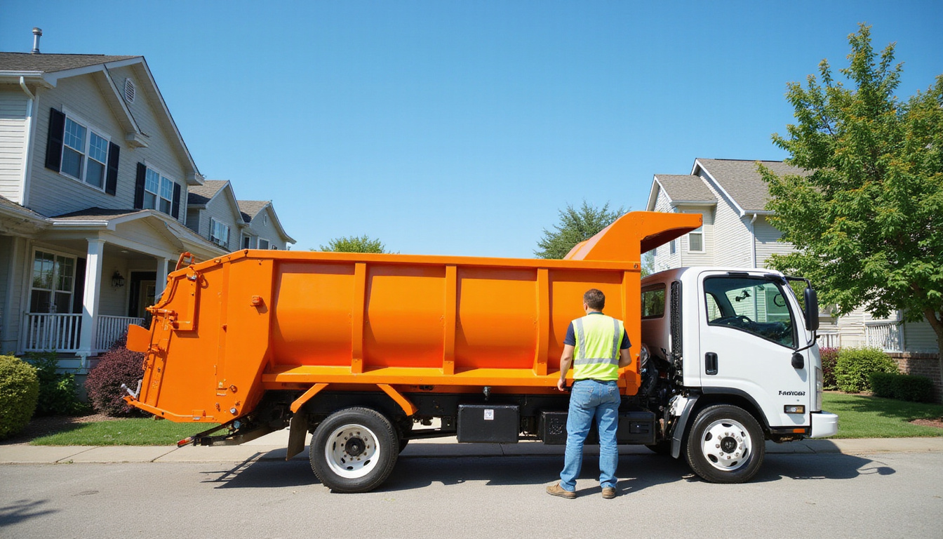  Friendly worker delivering large dumpster to residential driveway, clean neighborhood, clear blue sky