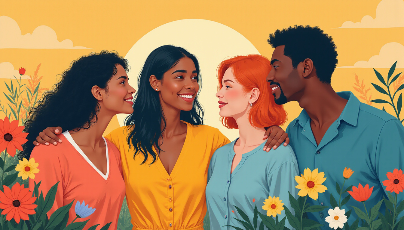 diverse people sharing peaceful moments, surrounded by calming energy, transformative bonds, vibrant colors