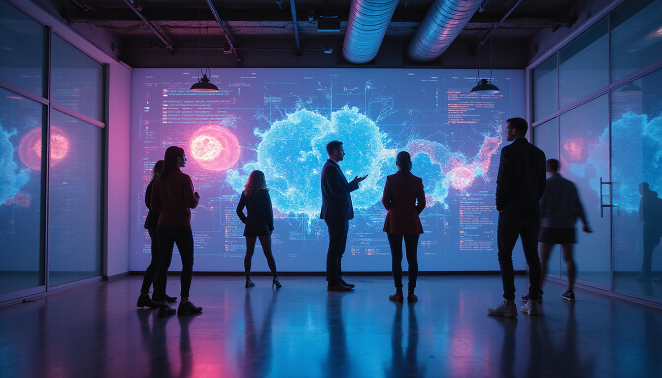  Dynamic team analyzing vibrant digital graphs and charts in a modern office environment