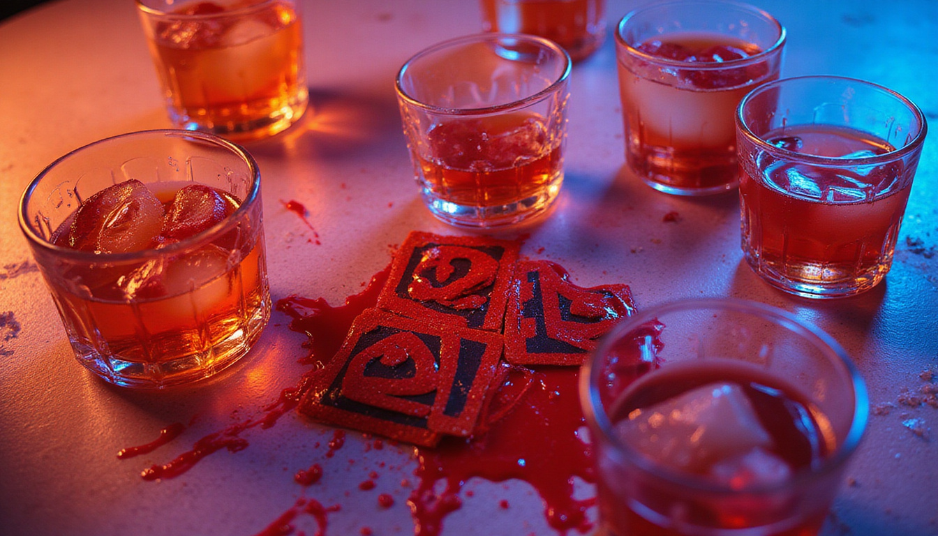  Close-up of spilled alcoholic drinks with warning signs in vibrant neon colors