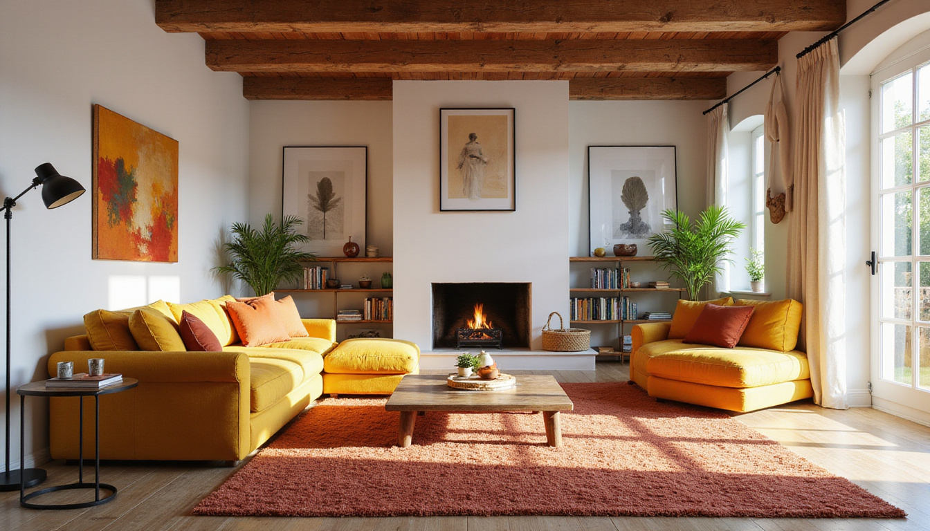  Cozy living room featuring rustic wooden beams and elegant furniture