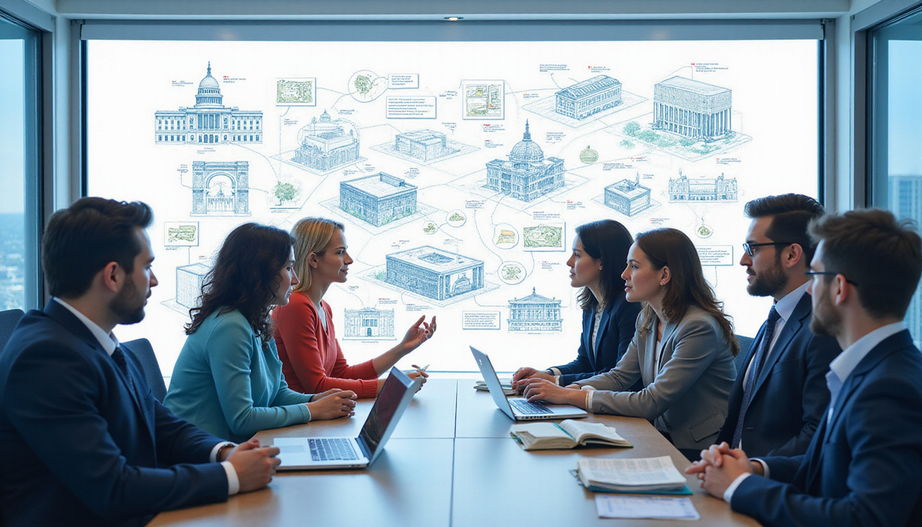  Diverse team brainstorming financing strategies, federal project plans on screen, bright workspace