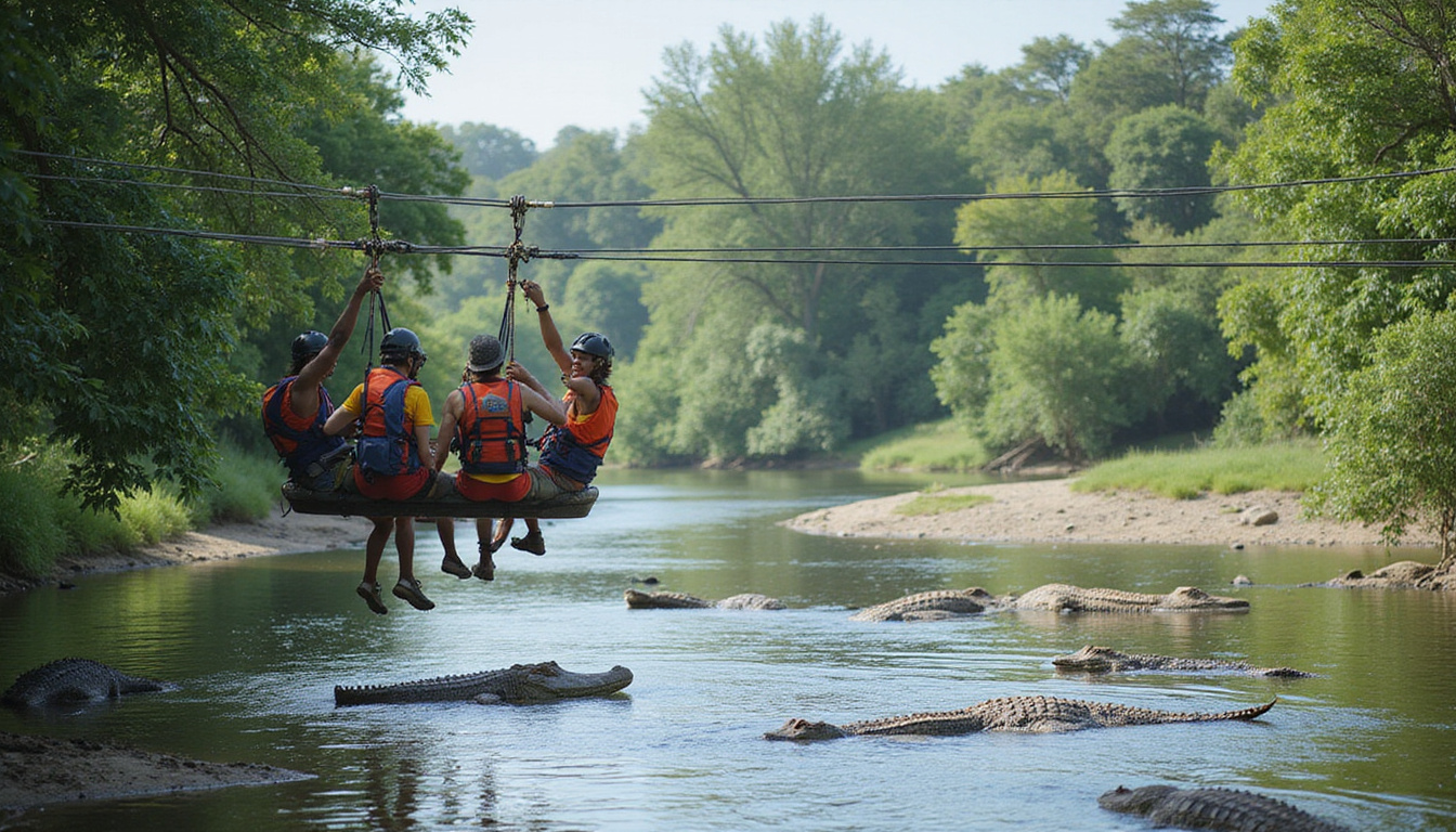 Adventure seekers ziplining above the vibrant Nile River with crocodiles beneath, tropical landscape background