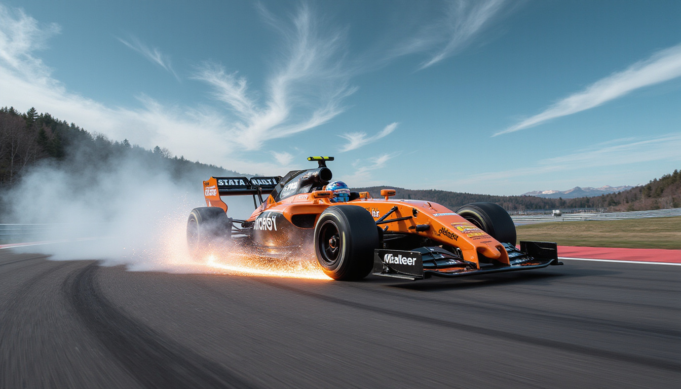 High-speed racecar executing perfect stop on racetrack, sparks flying from brakes