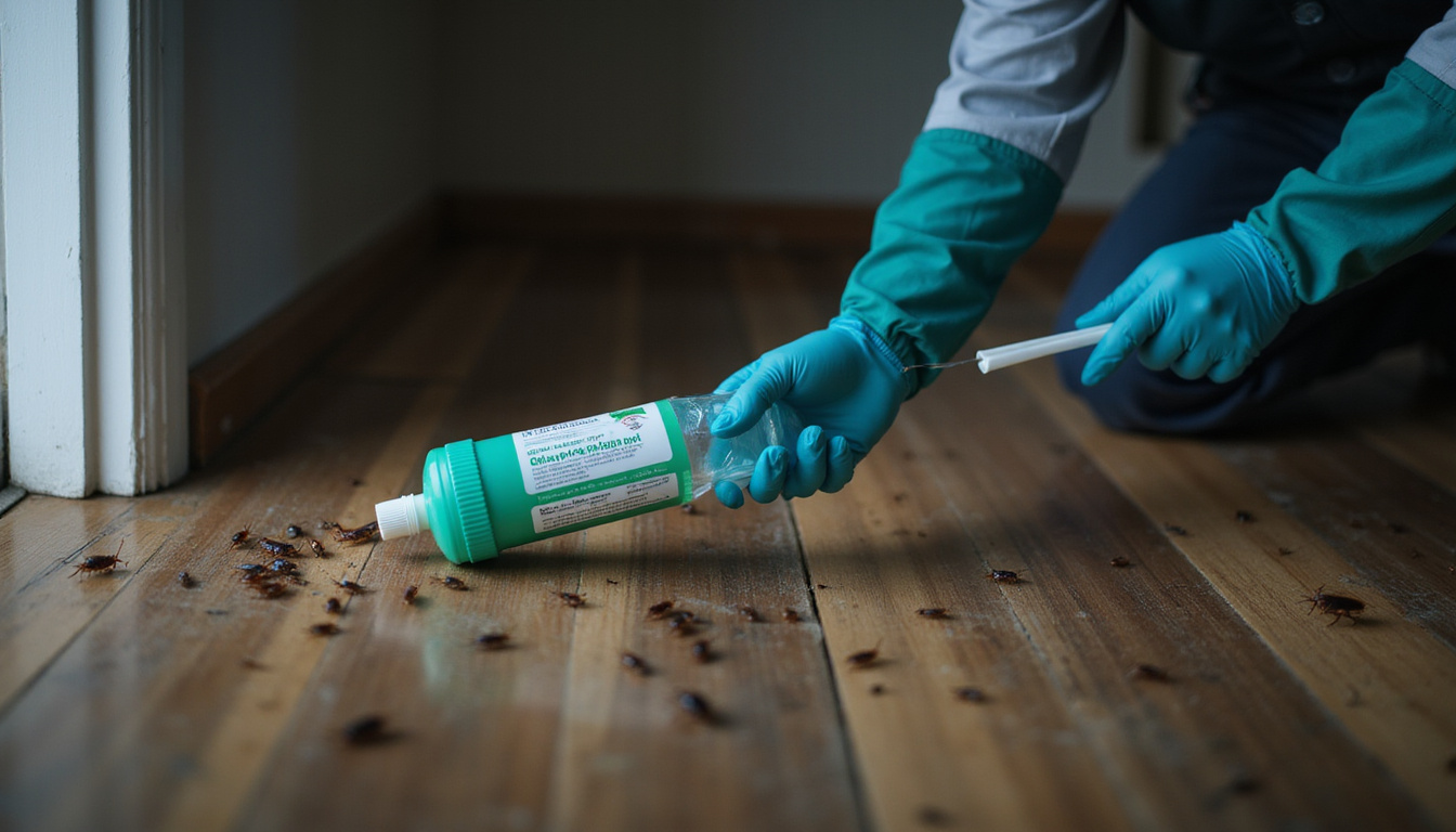  Pest control expert applying roach gel in dark corner, intense focus on gel tube and roaches fleeing
