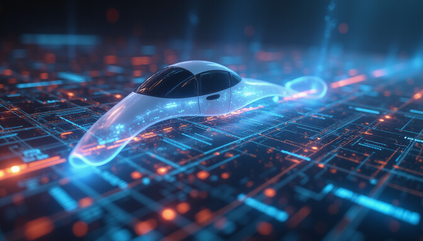  sleek autonomous agent navigating dynamic digital environment, holographic interface and data streams