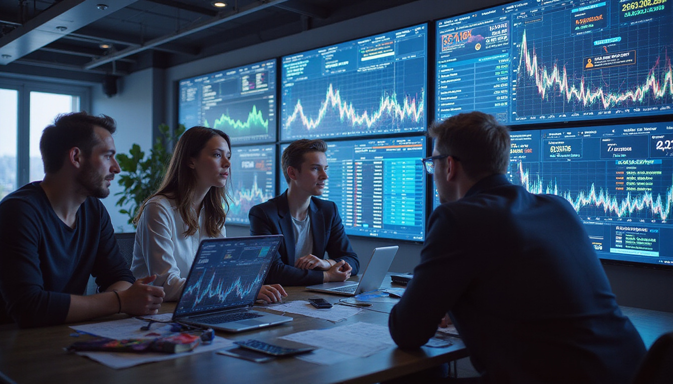 diverse team analyzing crypto mining data on holographic screens in modern office