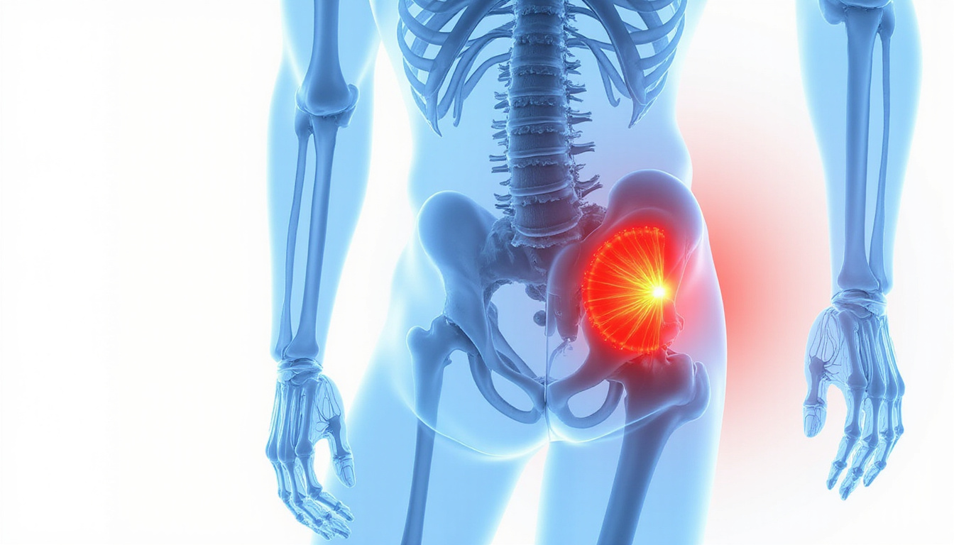  Detailed medical illustration of piriformis muscle inflamed, pain points highlighted, modern style, blue and red contrast