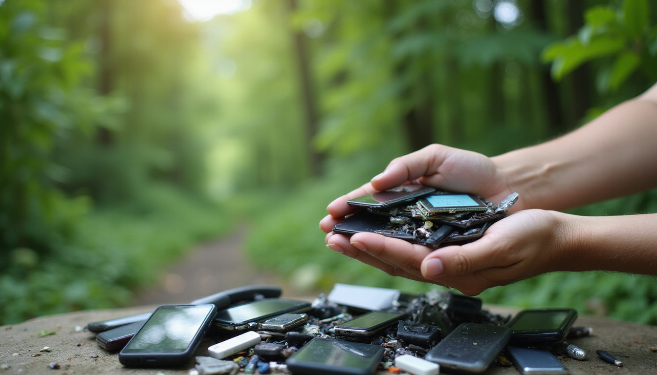 Hands sorting discarded gadgets with green earth background sustainable technology concept