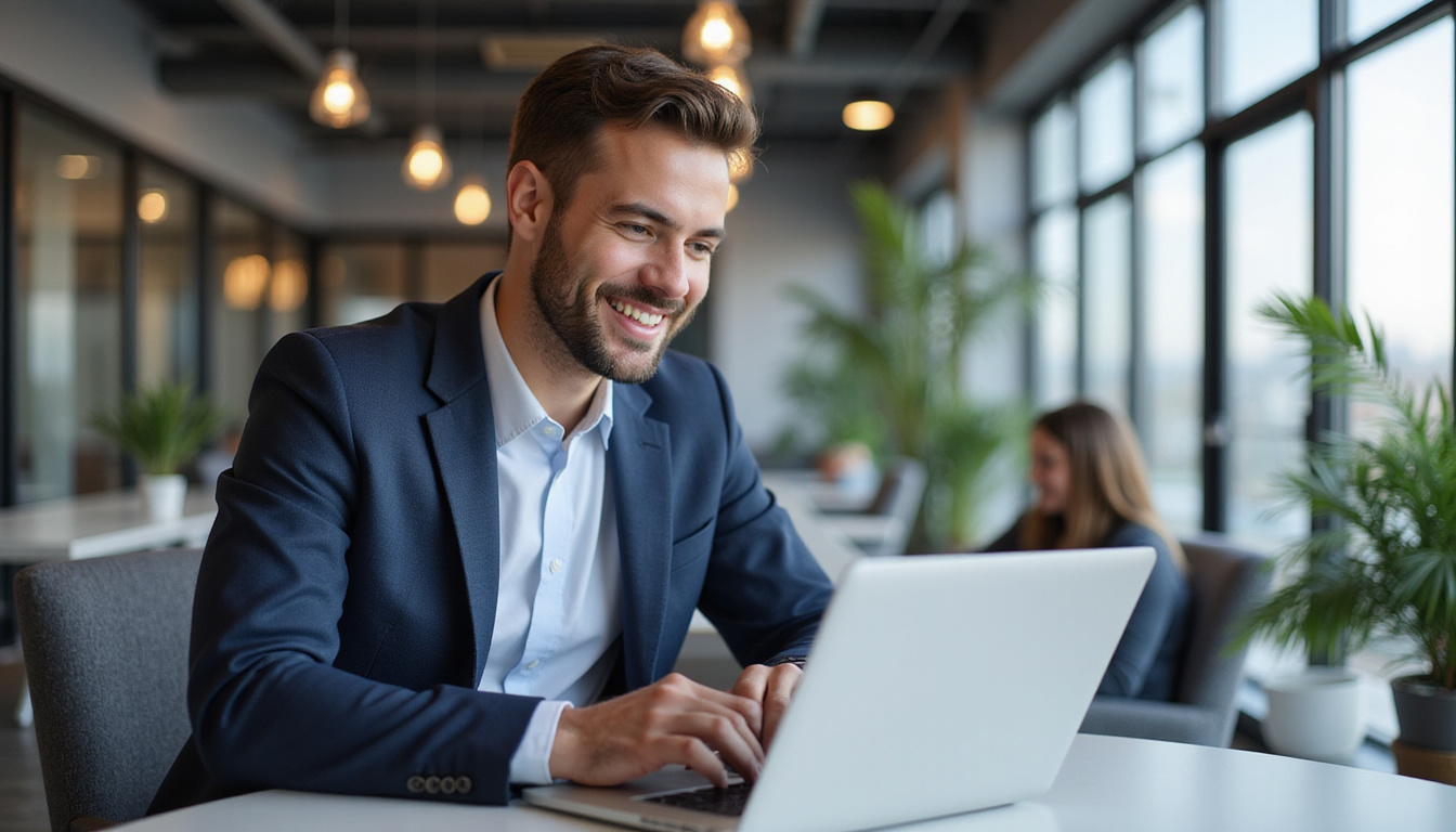  businessman smiling, reviewing call answer outsourcing stats on laptop in sleek office