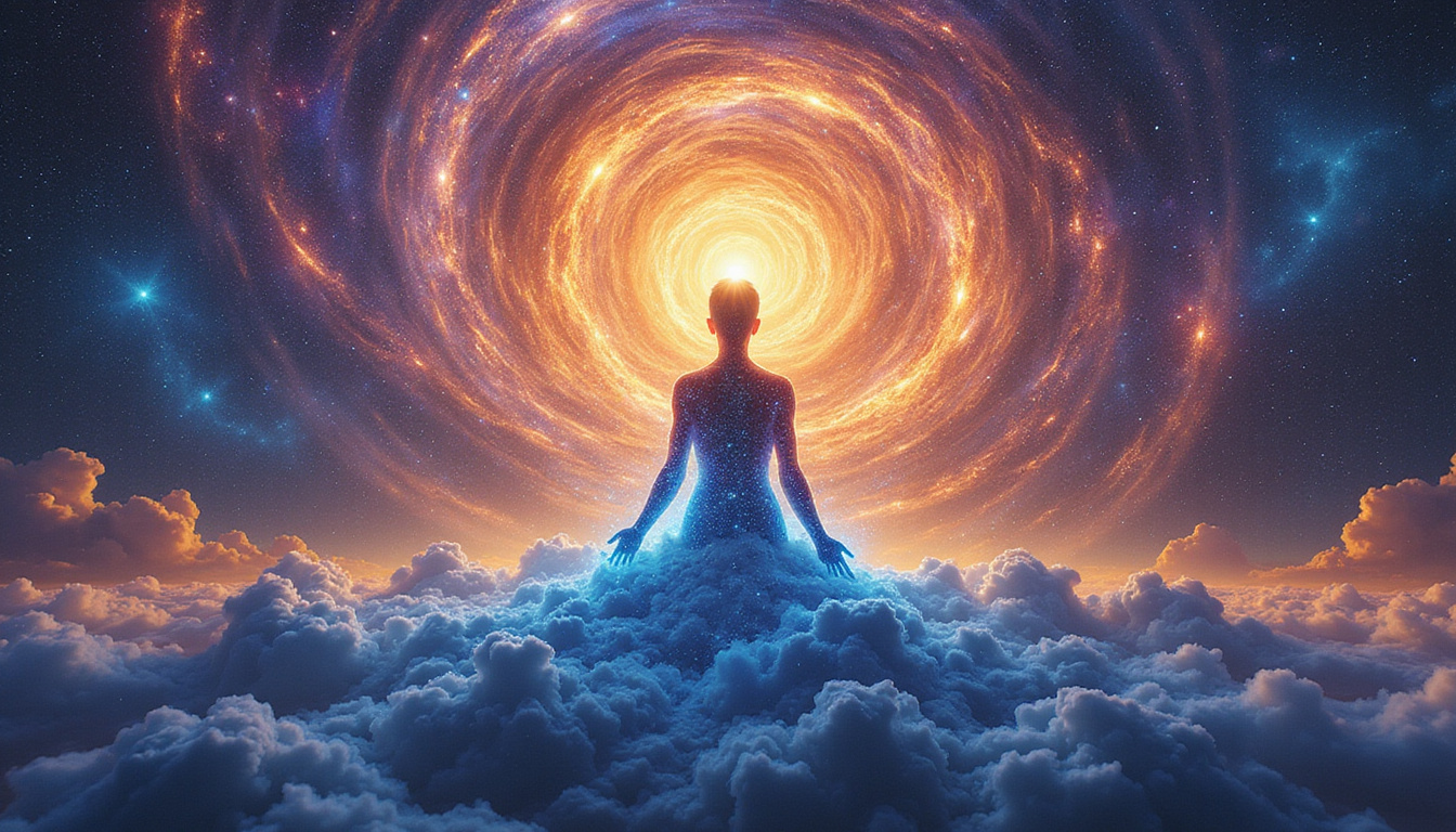 Radiant human silhouette surrounded by swirling cosmic energy, peaceful transformation, vibrant colors