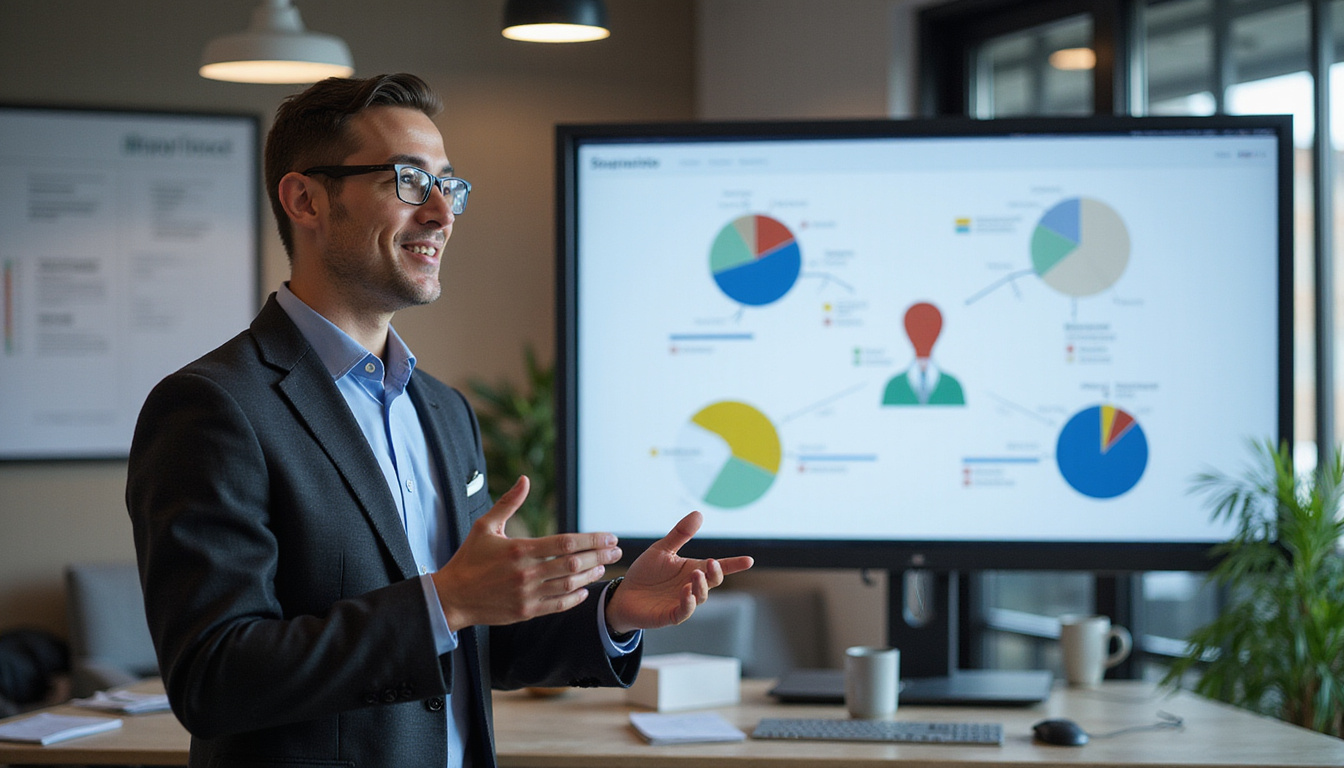  Small business owner confidently presenting federal contract proposal, modern workspace ambiance