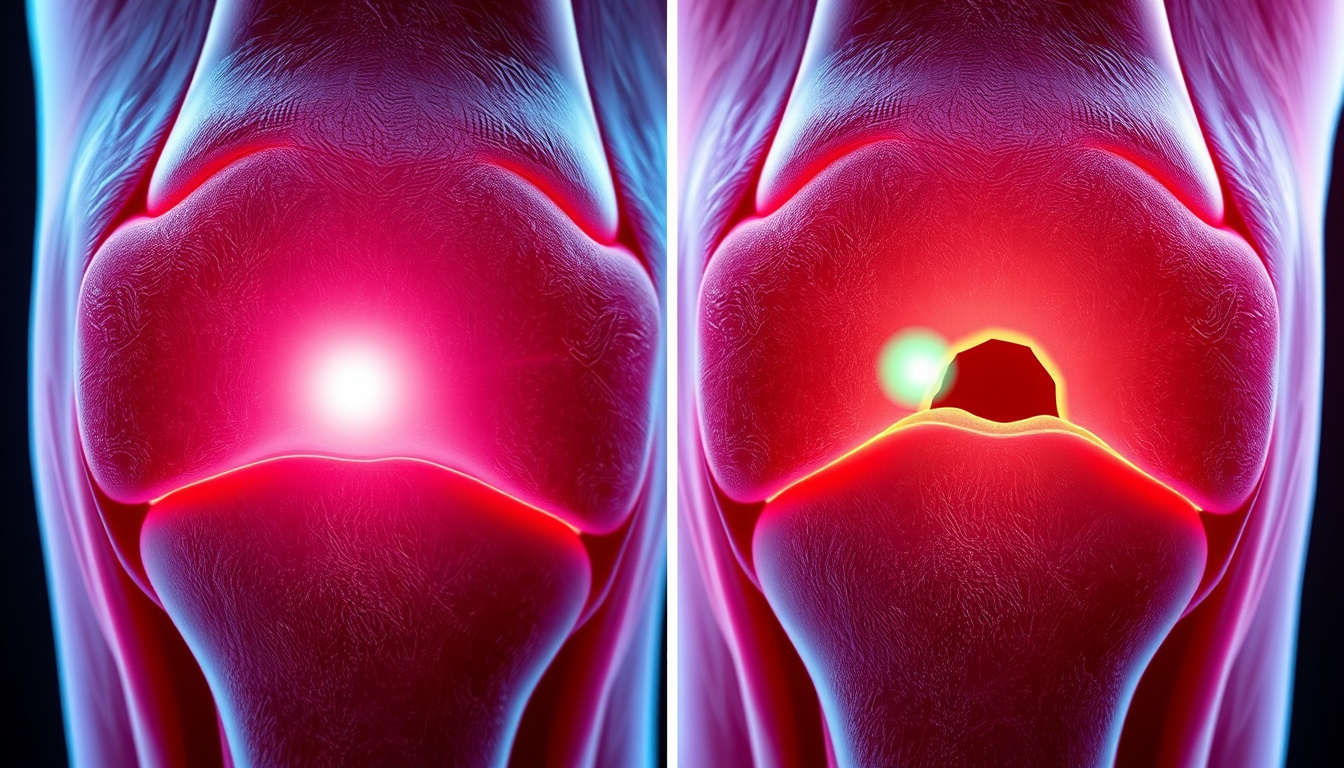  Close-up of healthy vs damaged knee cartilage, highlighting tissue regeneration and healing effects