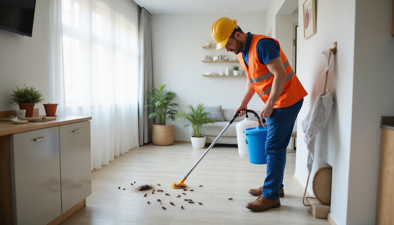  Worker safely applying roach control chemicals in a clean home environment