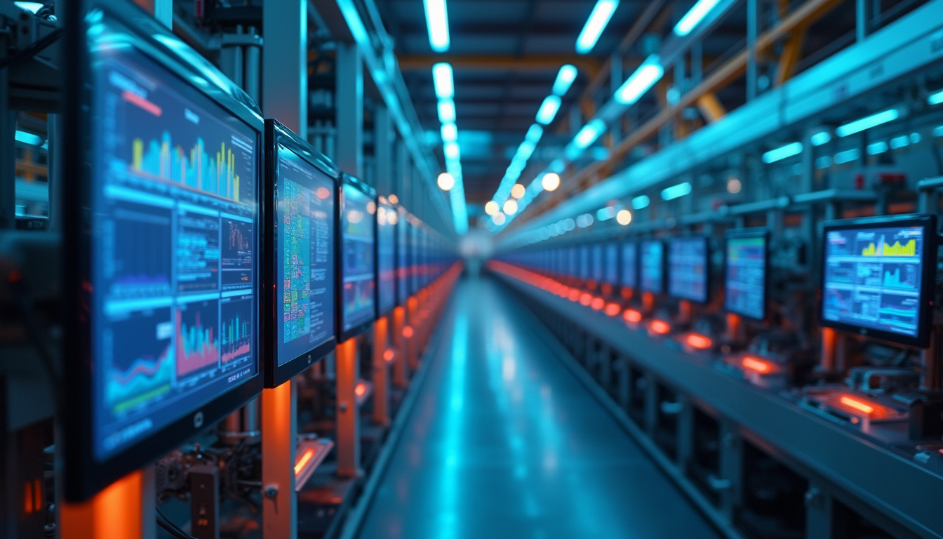  sleek AI-powered machines optimizing factory production lines, dynamic data visualization on screens