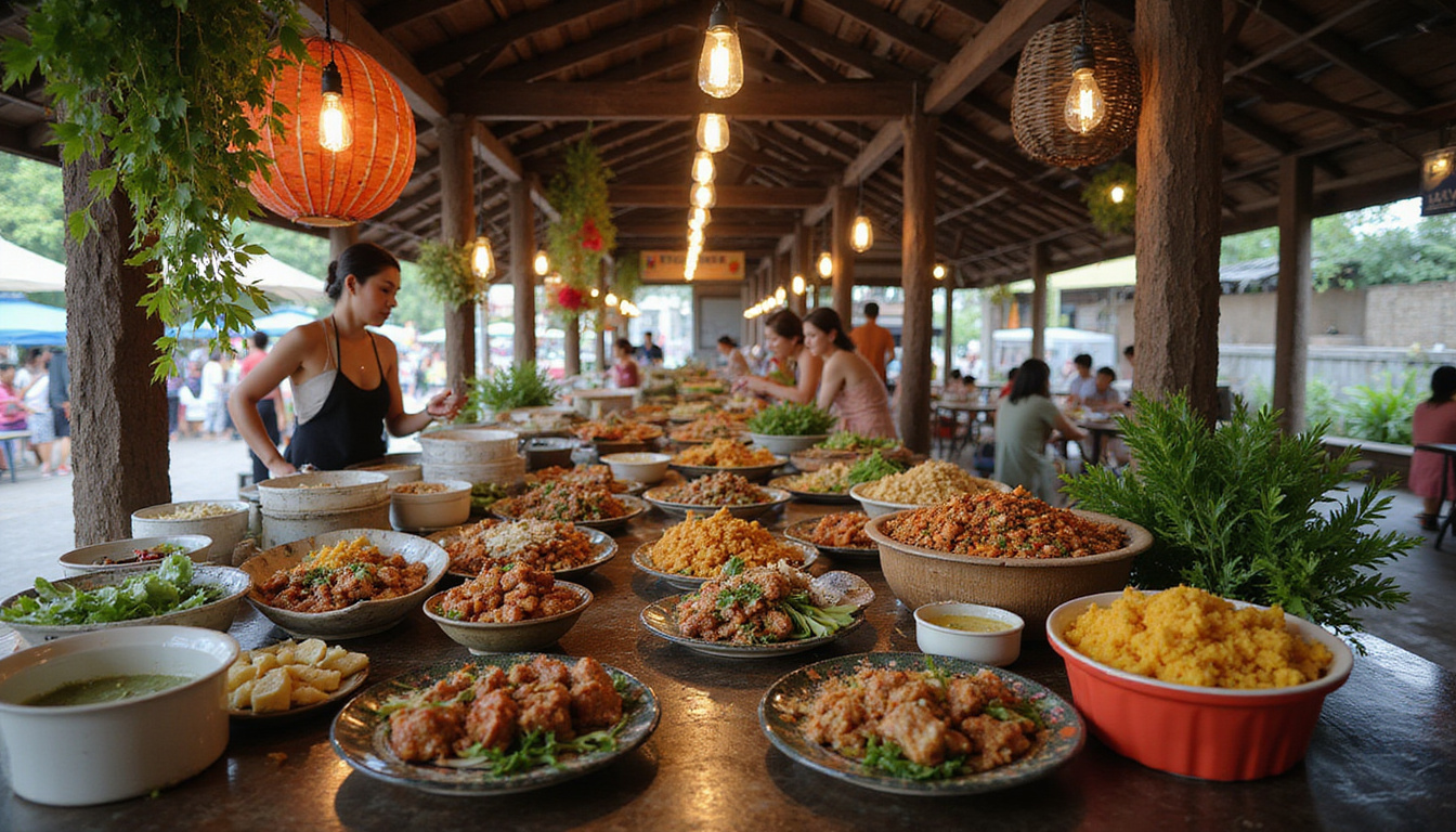  Traditional Balinese food market bustling with colorful, affordable meals and lively atmosphere