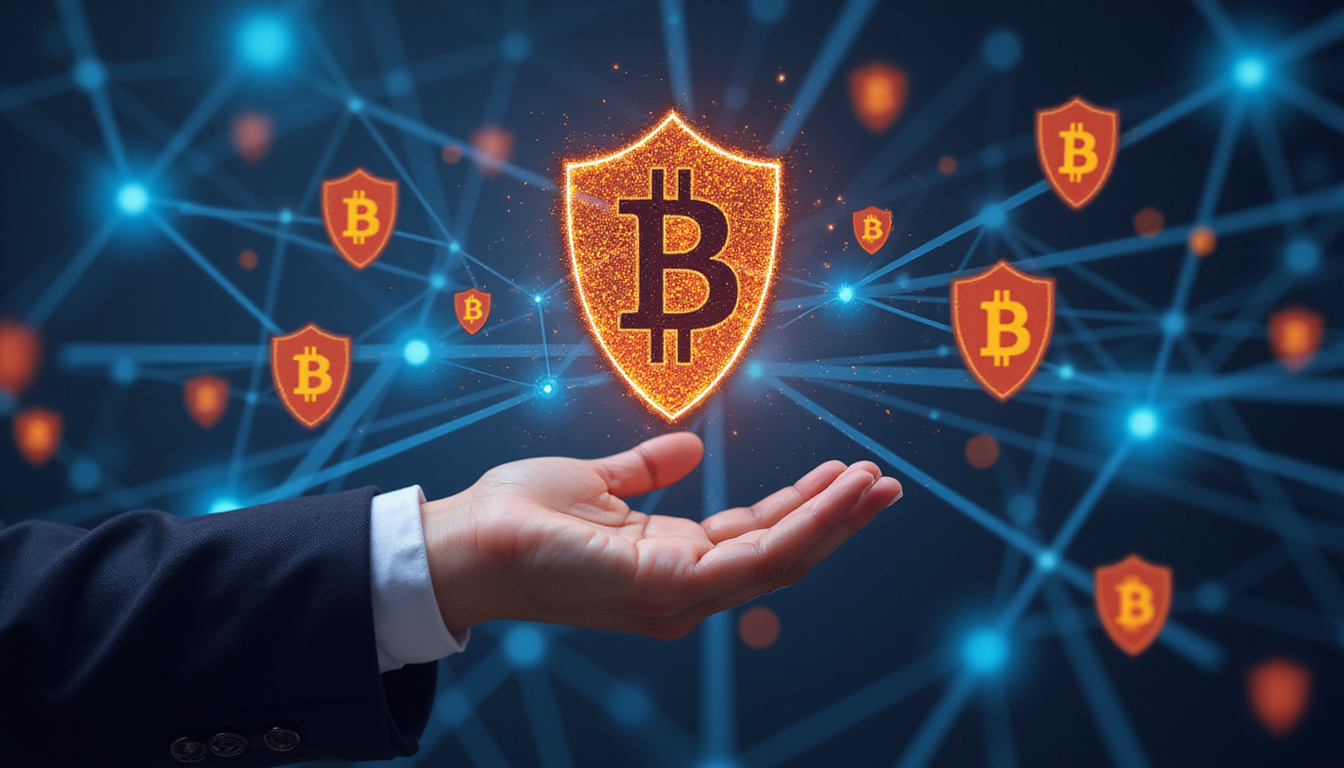  Futuristic blockchain network with encrypted Bitcoin symbols and shield icons surrounding a user’s hand