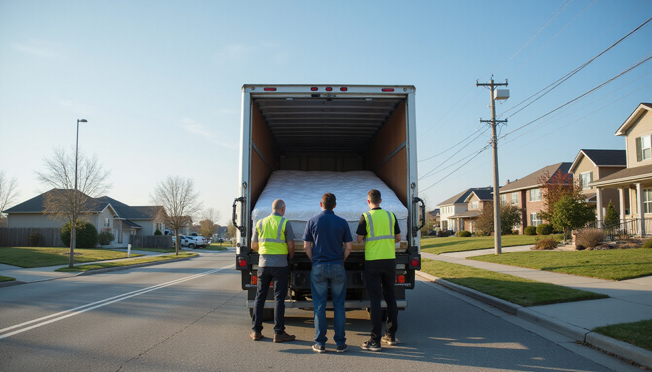 modern truck loading mattress, clean suburban street, clear skies, efficient teamwork
