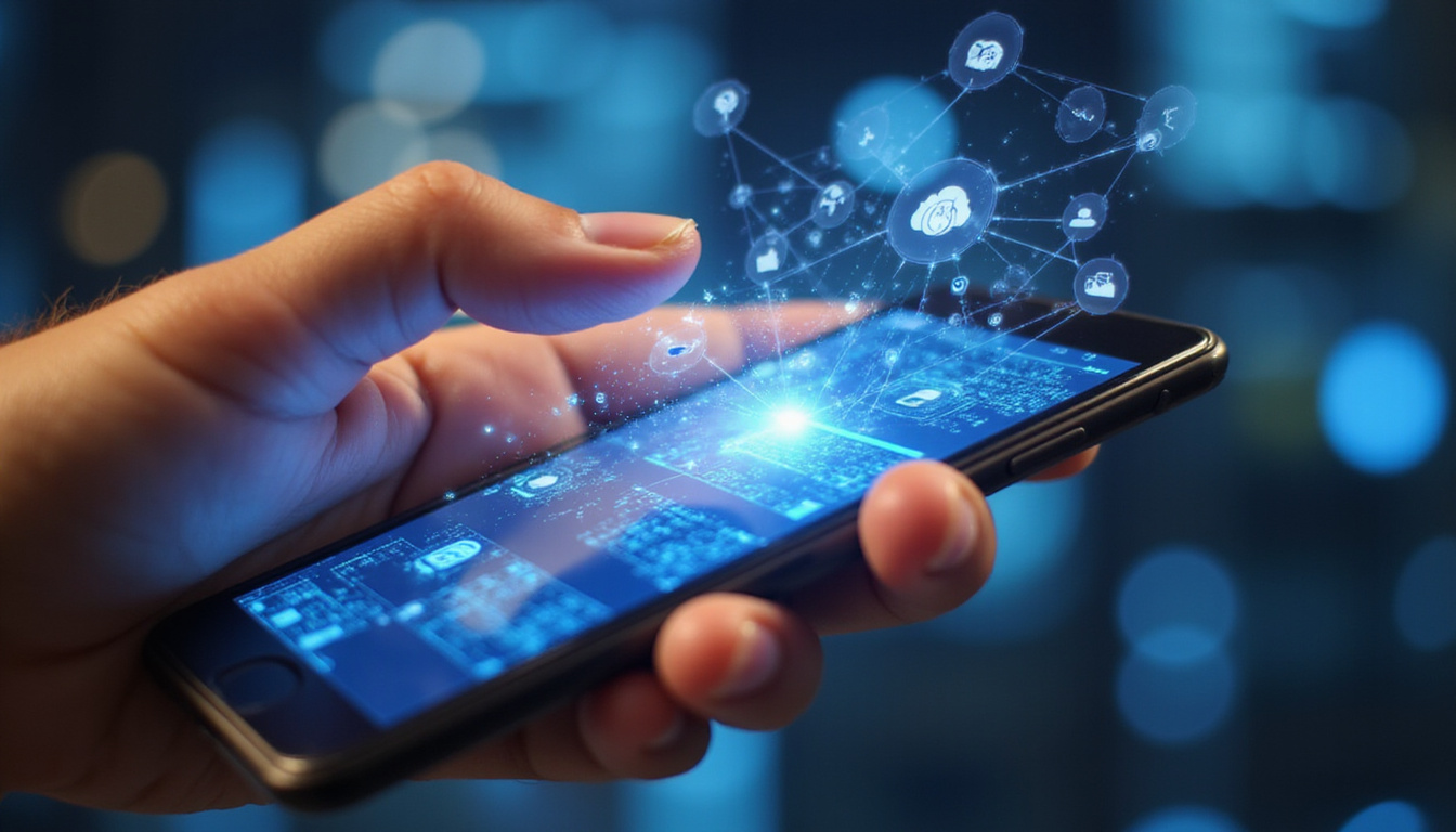  modern businesspeople seamlessly managing phone message service on multiple devices, digital efficiency concept