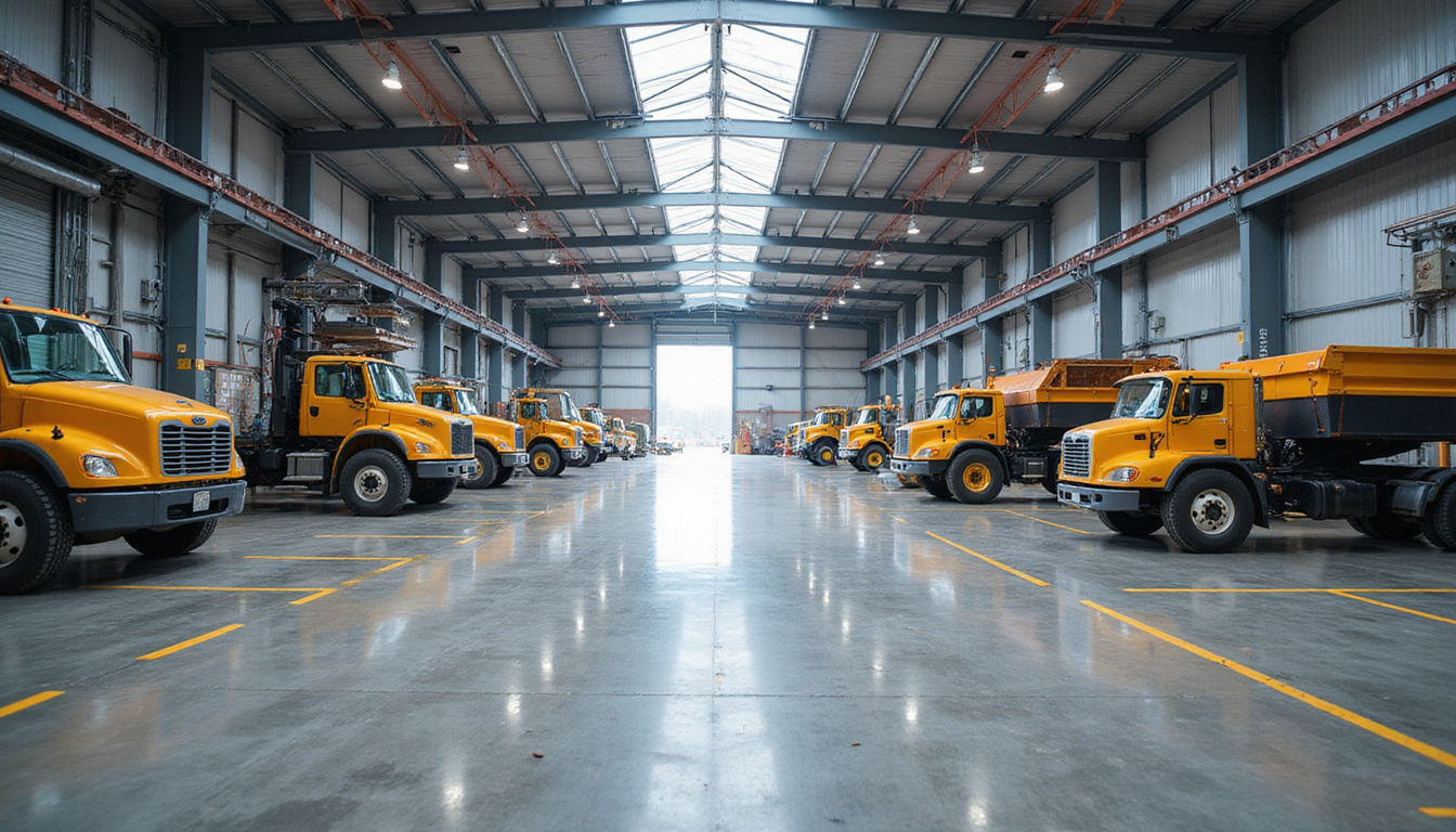  Organized rental warehouse with various heavy-duty hauling equipment, clean and modern environment