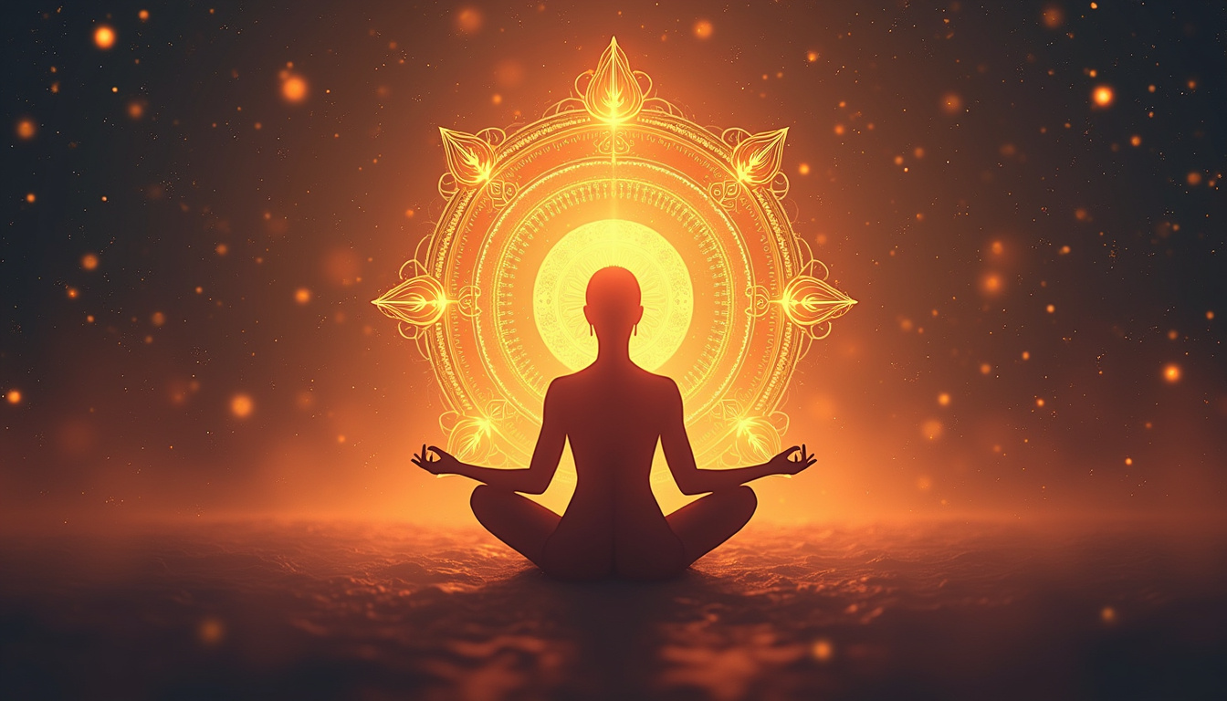 ancient mystical symbols glowing softly around a peaceful, introspective person in lotus pose