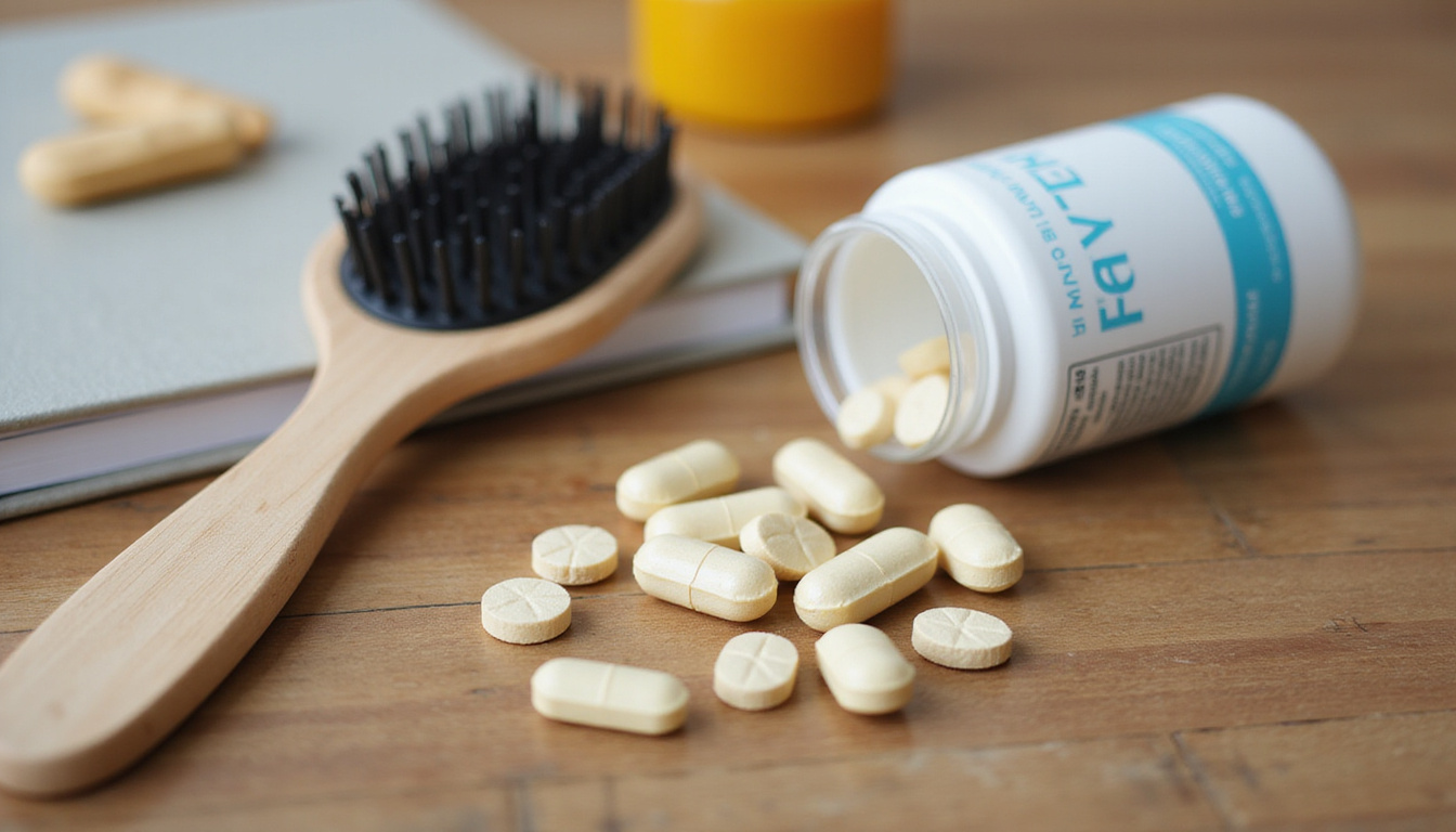  close-up of hormone therapy pills next to hairbrush and wellness journal on wooden table