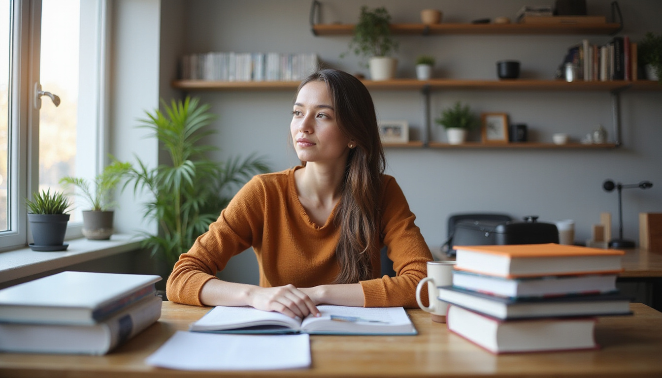 Focused candidate in a quiet study room, surrounded by certification books and coffee cup