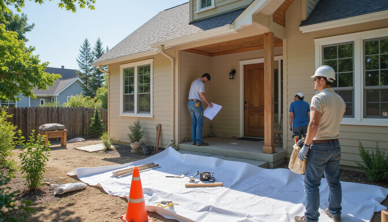  Skilled workers renovating house exterior with tools and blueprints outdoors