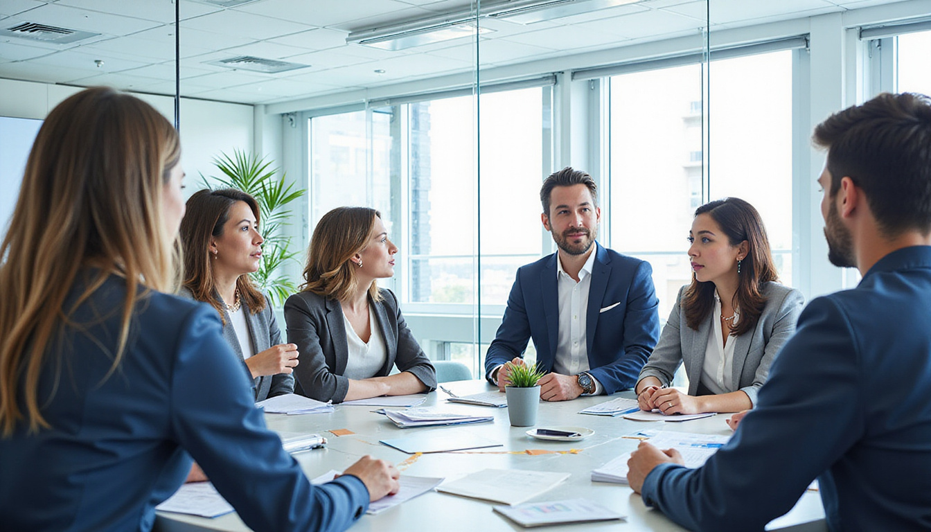  Diverse team discussing government contract compliance and profitability, modern conference room, focused expressions