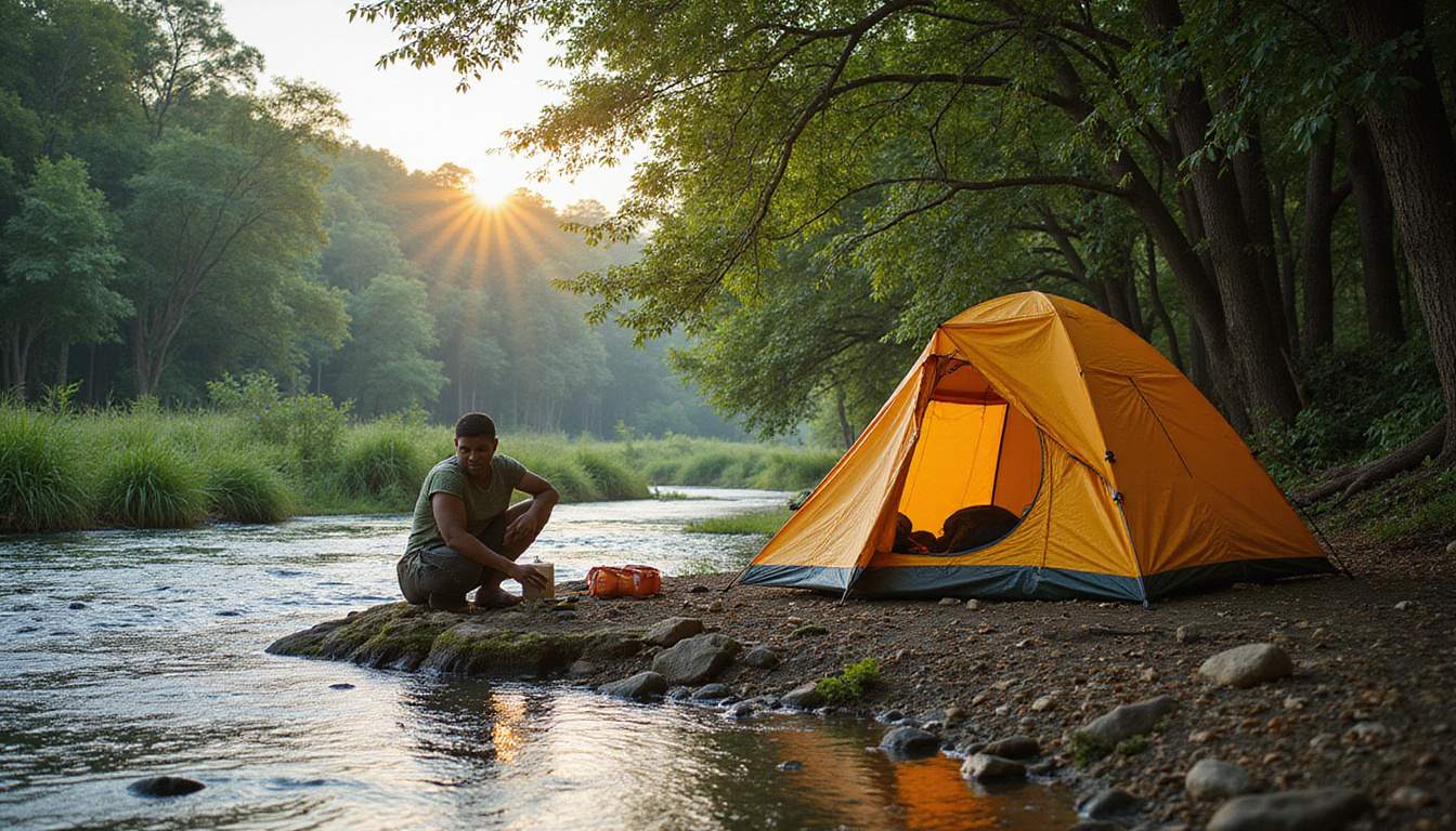  Adventurous camper setting up tent beside flowing Nile, surrounded by dense tropical foliage and wildlife