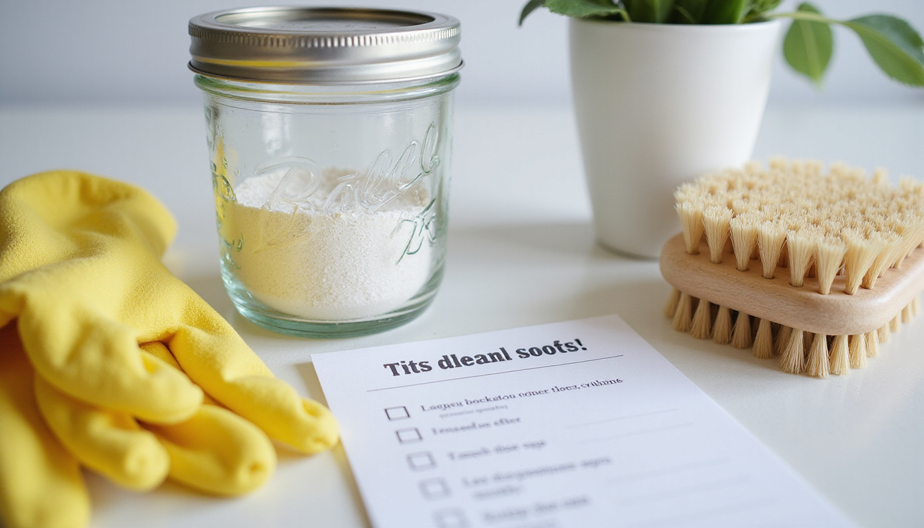  DIY cleaning scene: mason jar of diatomaceous earth, glove, soft brush, checklist on countertop