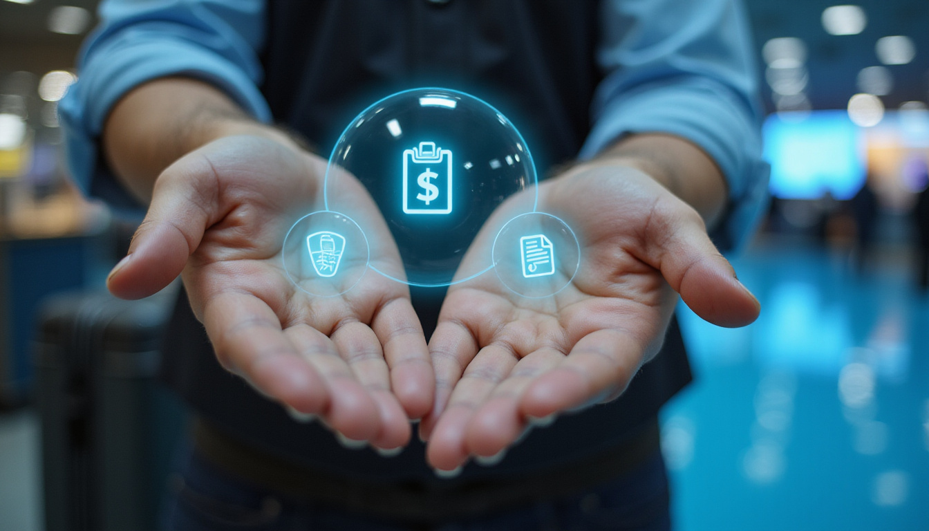 Close-up of hands showing transparent fee icons hidden behind baggage, clear pricing digital kiosk