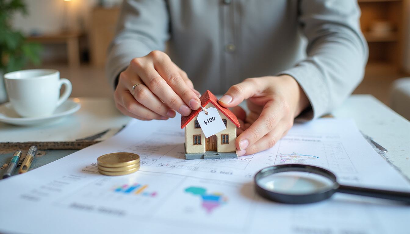Close-up hands adjusting price tag on miniature house over spreadsheet, magnifying glass, coffee cup