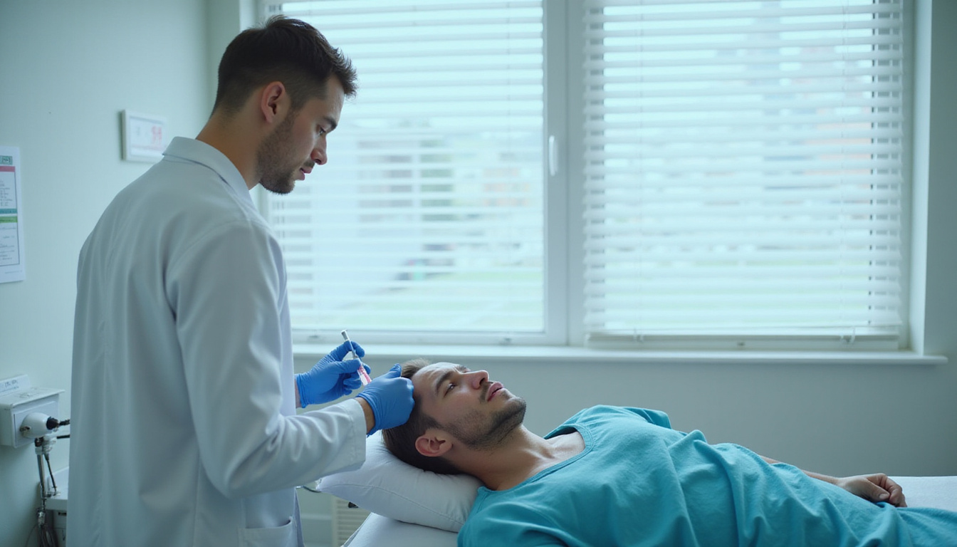  Anxious patient on exam table, physician preparing injection, subtle warning icons indicating risks, soft clinical lighting