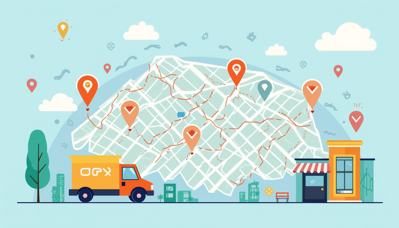 Stylized infographic scene: map with efficient pickup routes, icons of value, convenience, impact, flat modern vector