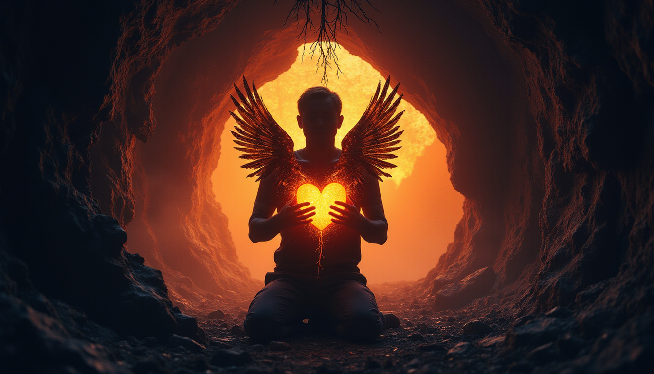 Silhouette kneeling in dark cave, hands cupping a glowing heart, roots turning to wings