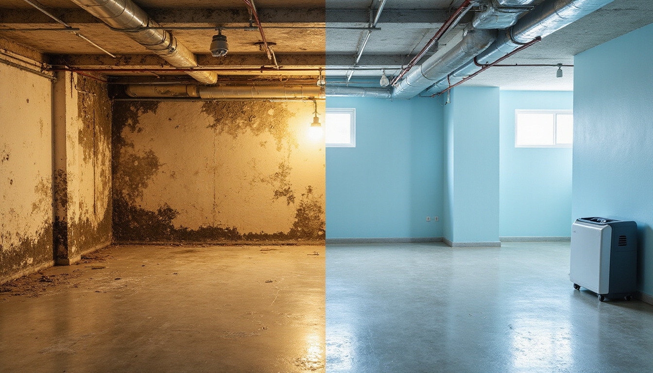  Before-and-after split image: mold-infested basement transformed into bright dry space with dehumidifier