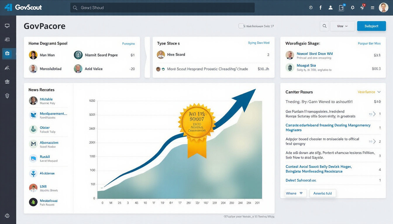  Digital dashboard displaying profitable NAICS classifications, GovScout logo, upward arrows, gold medals