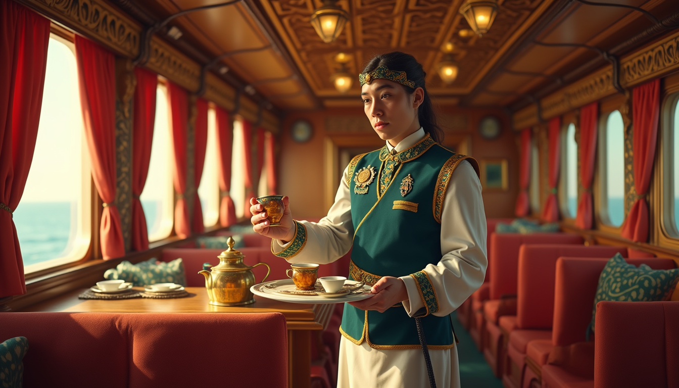  Luxury cabin interior, brass lanterns, Egyptian motifs, attentive steward serving mint tea