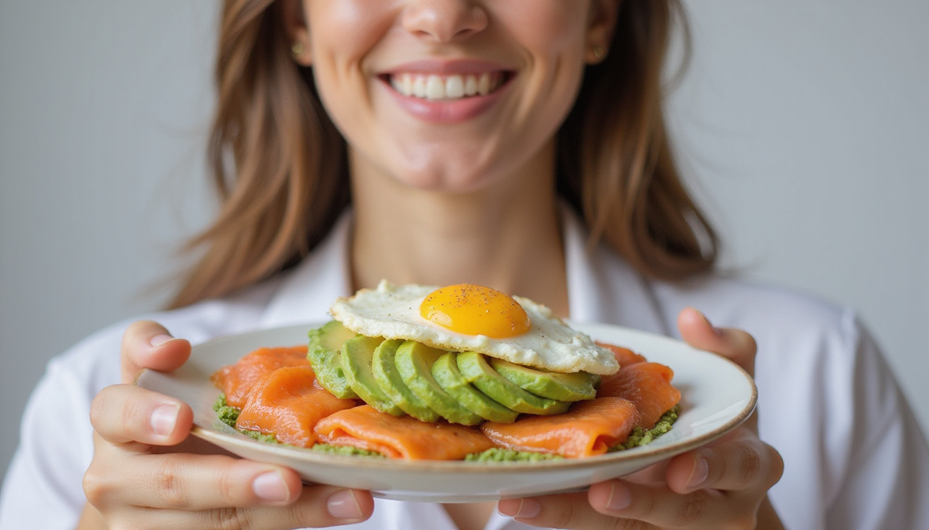  Satisfied person enjoying full ketogenic meal: avocado eggs salmon, energy aura, smiling confident