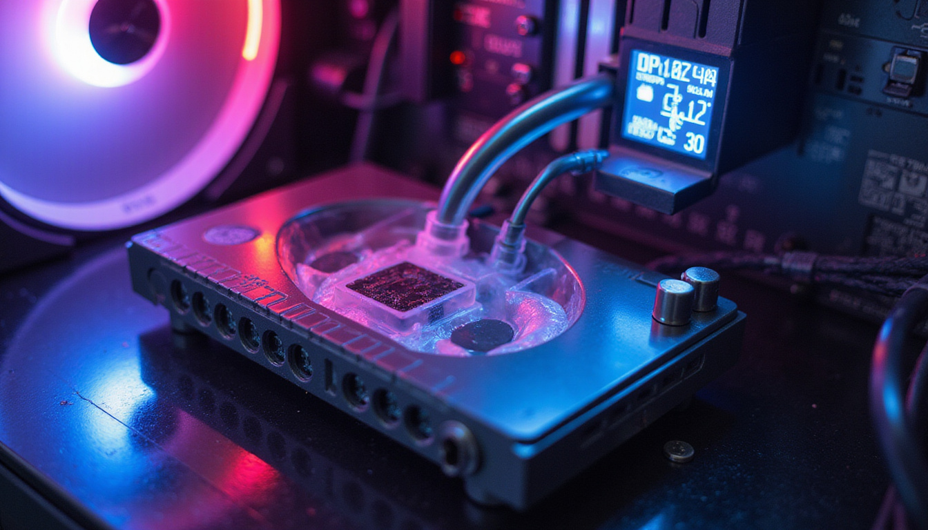  Close-up of compact thermal management system, heat pipes, coolant loops, OLED temperature readouts