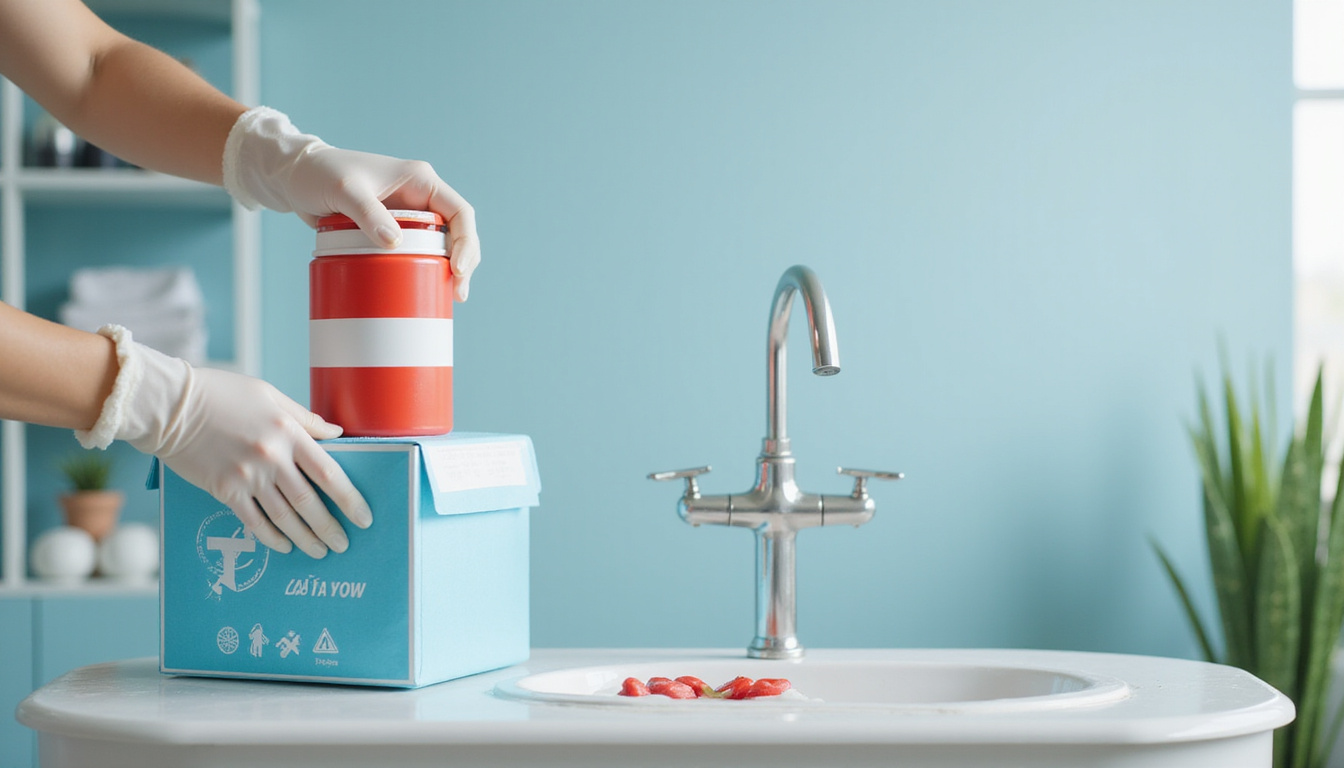  Safety scene: gloved hands, childproof lid, warning icons, first-aid kit, clean bathroom shelf