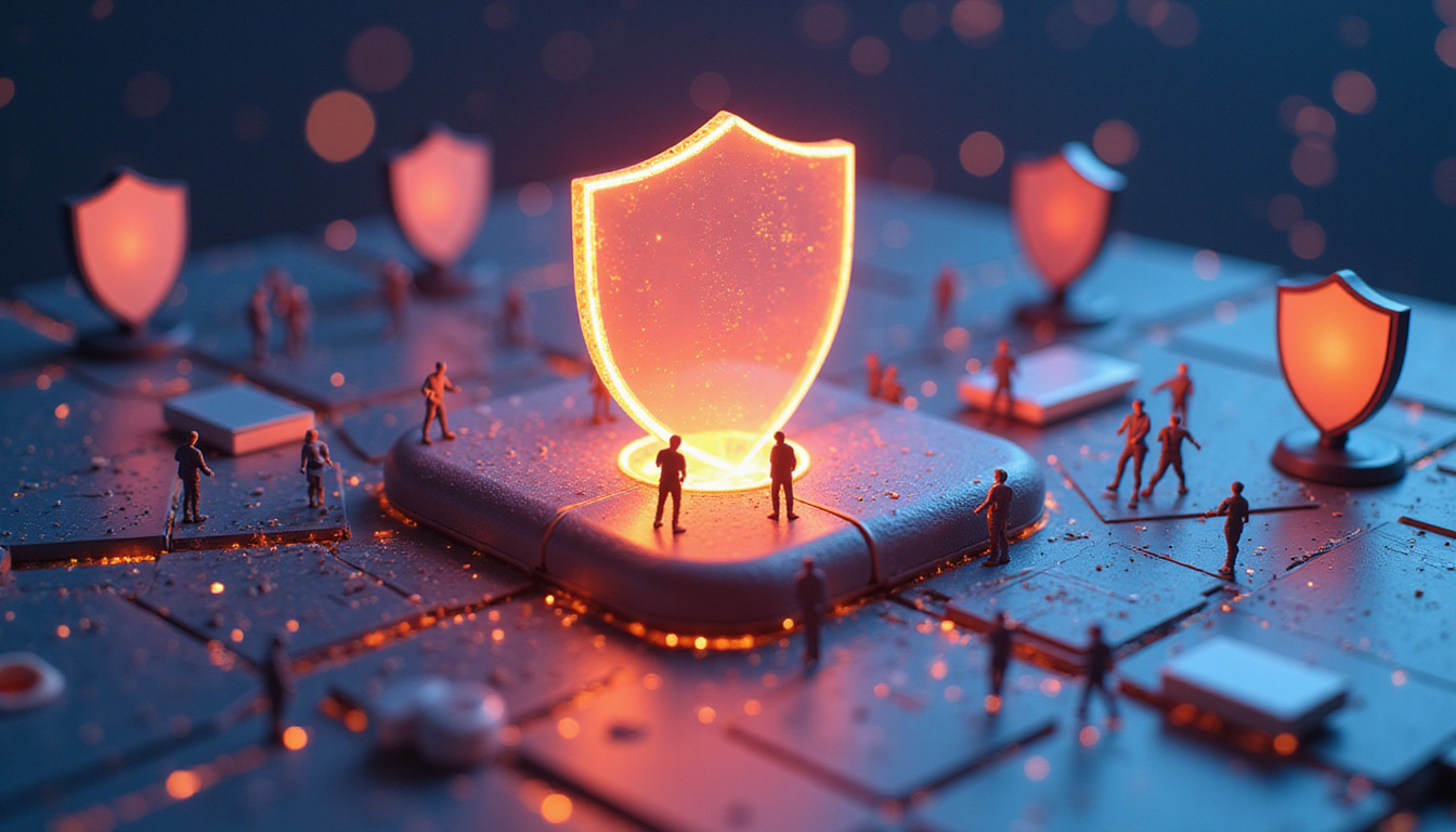  Shield-shaped interface protecting diverse workers while autonomous agent swarm optimizes workflows, warm light