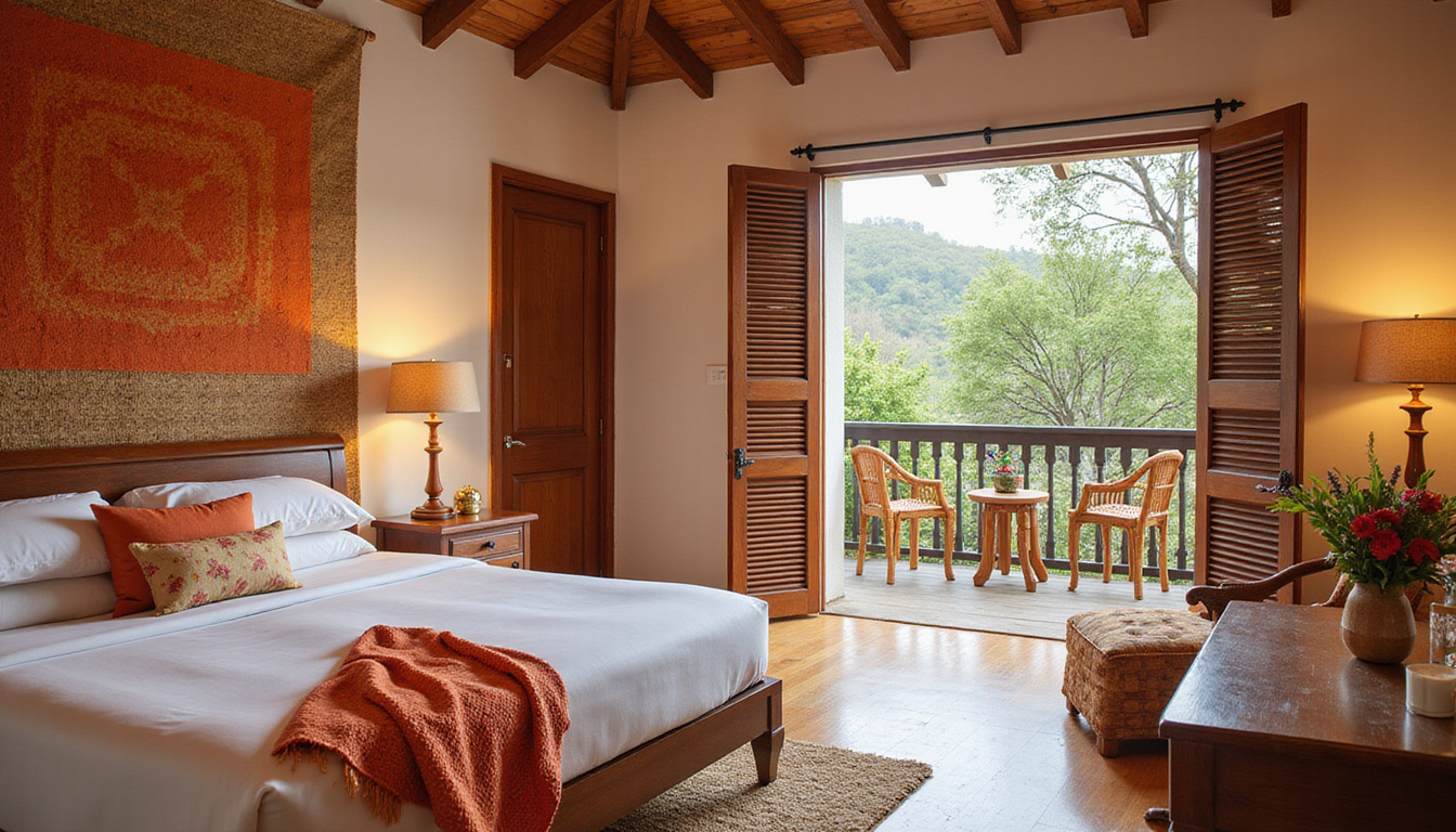 Cozy budget room with wooden shutters, woven textiles, private veranda, outdoor shower, warm lanterns