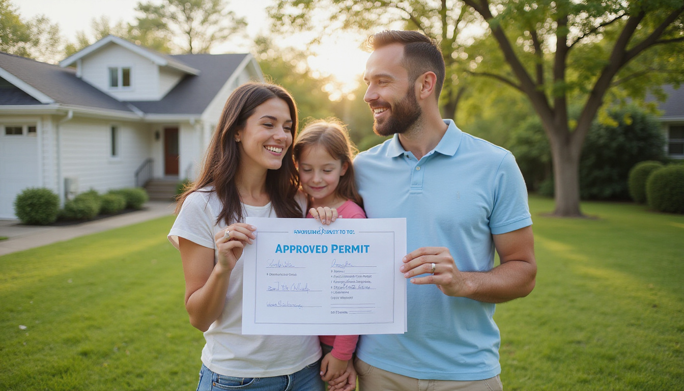 Avoiding fines: confident family holding approved permit, smiling neighbors, tidy lawn, legal checklist
