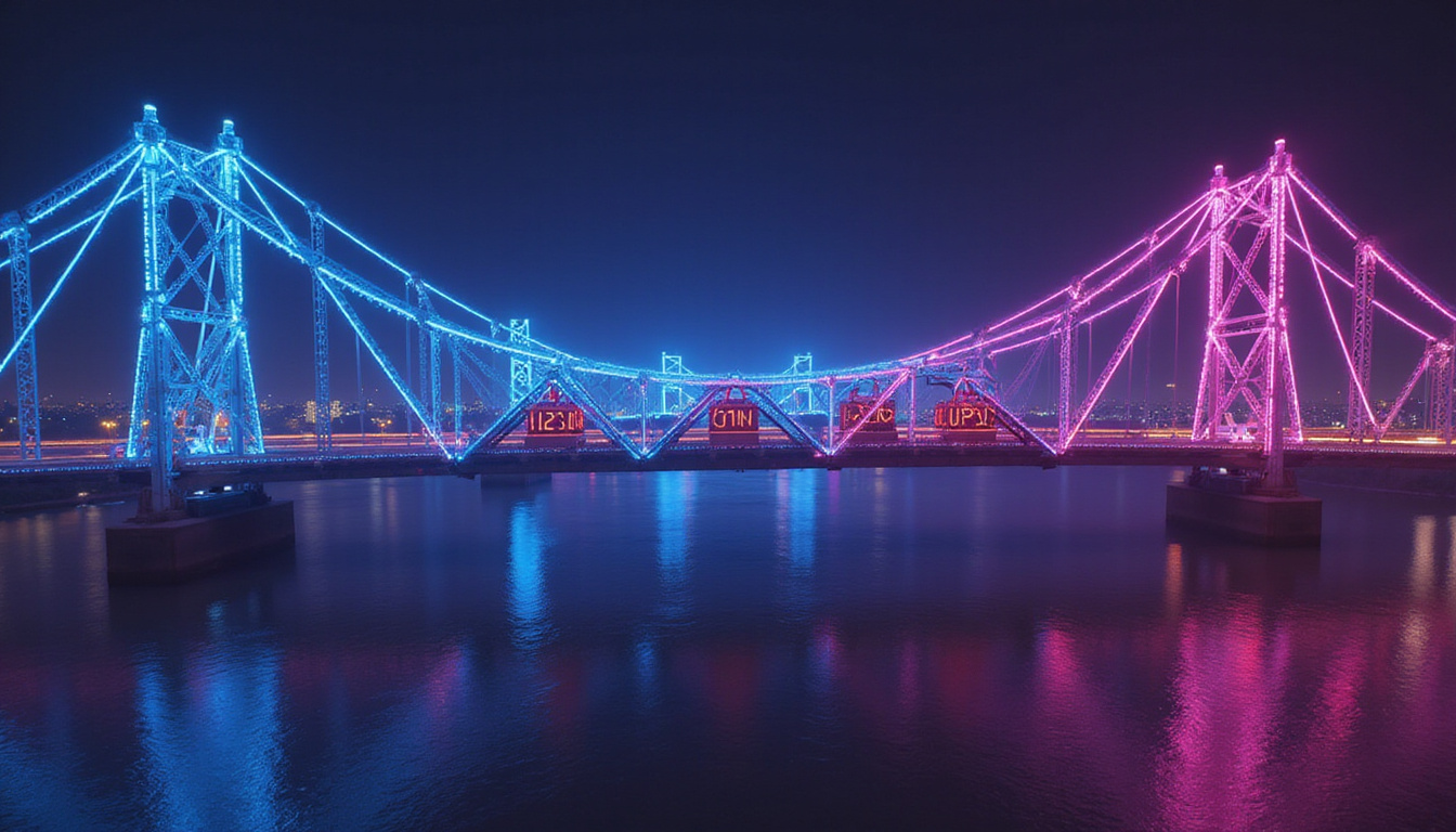  Neon-lit cross-chain bridge of coins exchanging via cryptographic locks, decentralized trustless