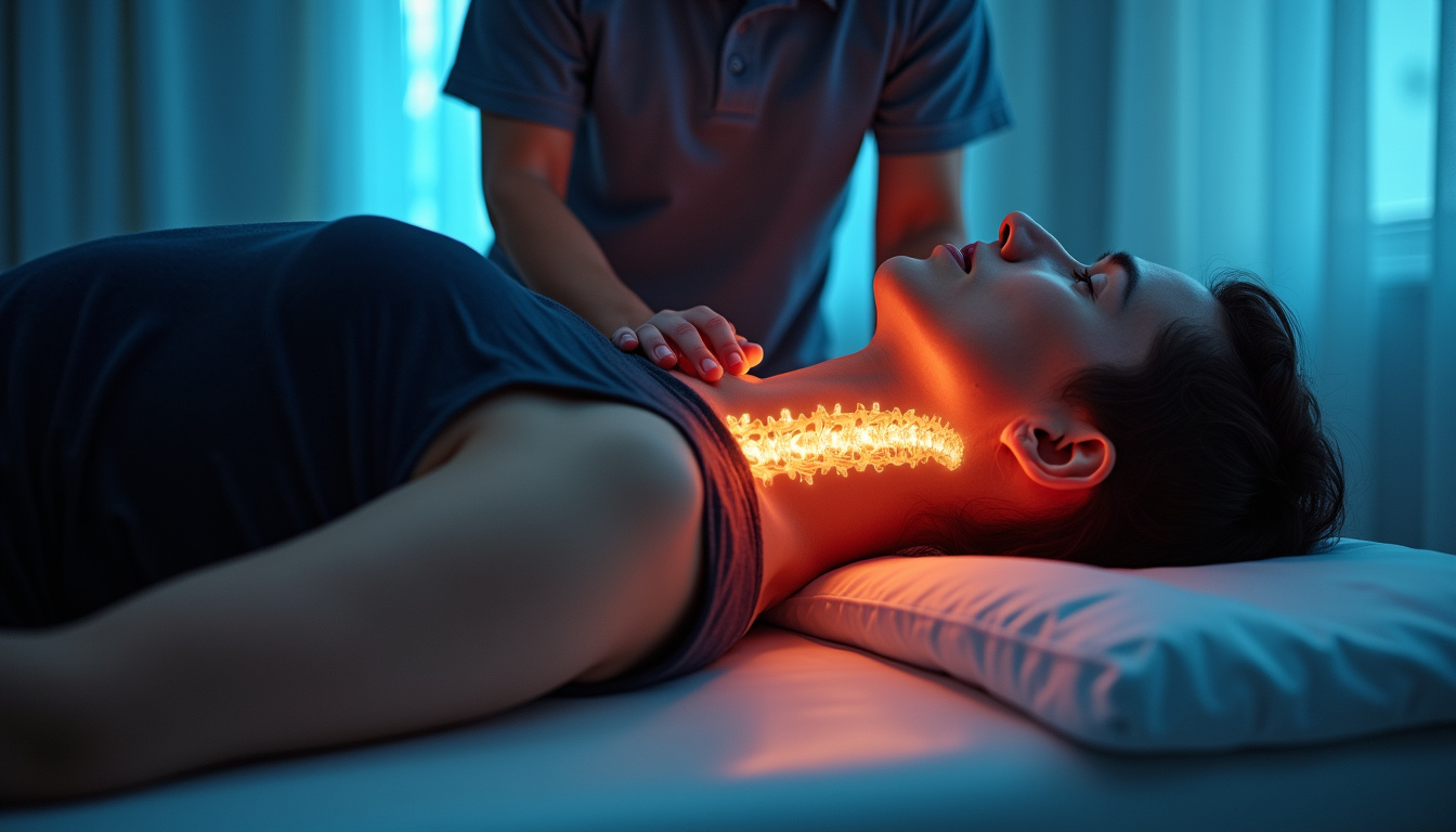 Serene patient performing neck retraction exercise on therapy table, glowing vertebrae visualization