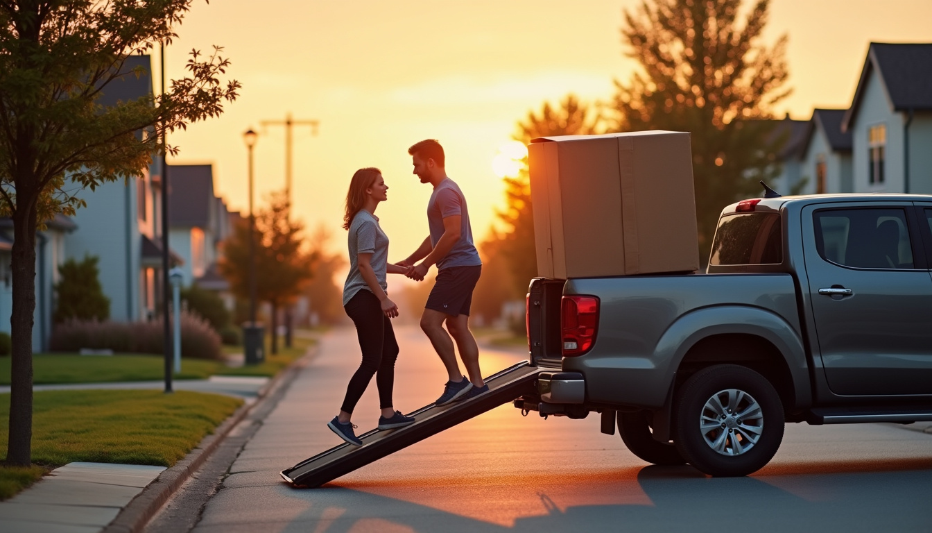 Homeowner and mover sliding treadmill onto compact pickup using sturdy ramp, sunset suburban street