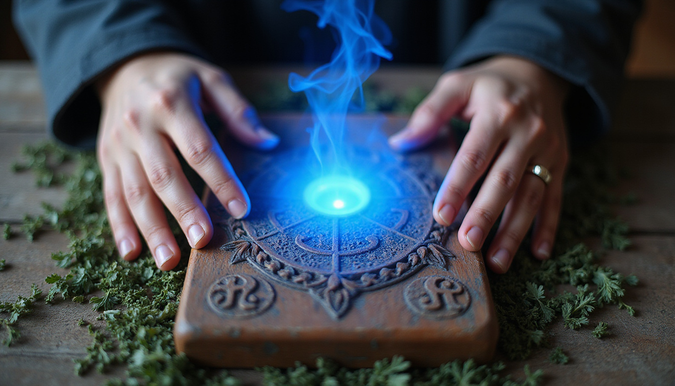 Close-up hands over carved talisman, blue aura, herbal offerings, arcane runes pulsing