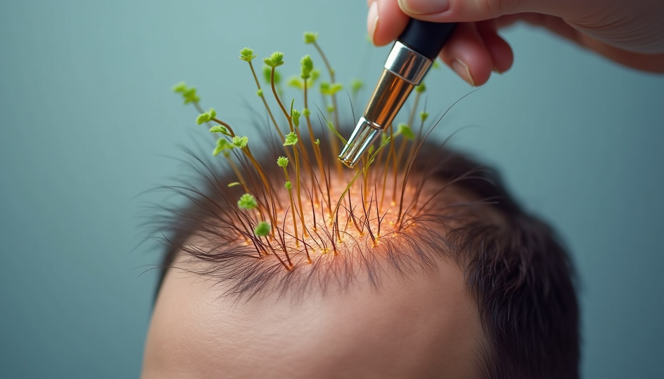  Close-up scalp transformation, healthy follicles sprouting, dermatologist applying micro-needling, clinical soft lighting